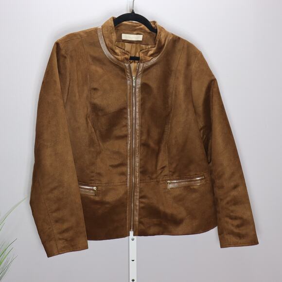 Laura Ashley Faux Suede Jacket Brown Zip Front Size M Gold Detail - Picture 2 of 5